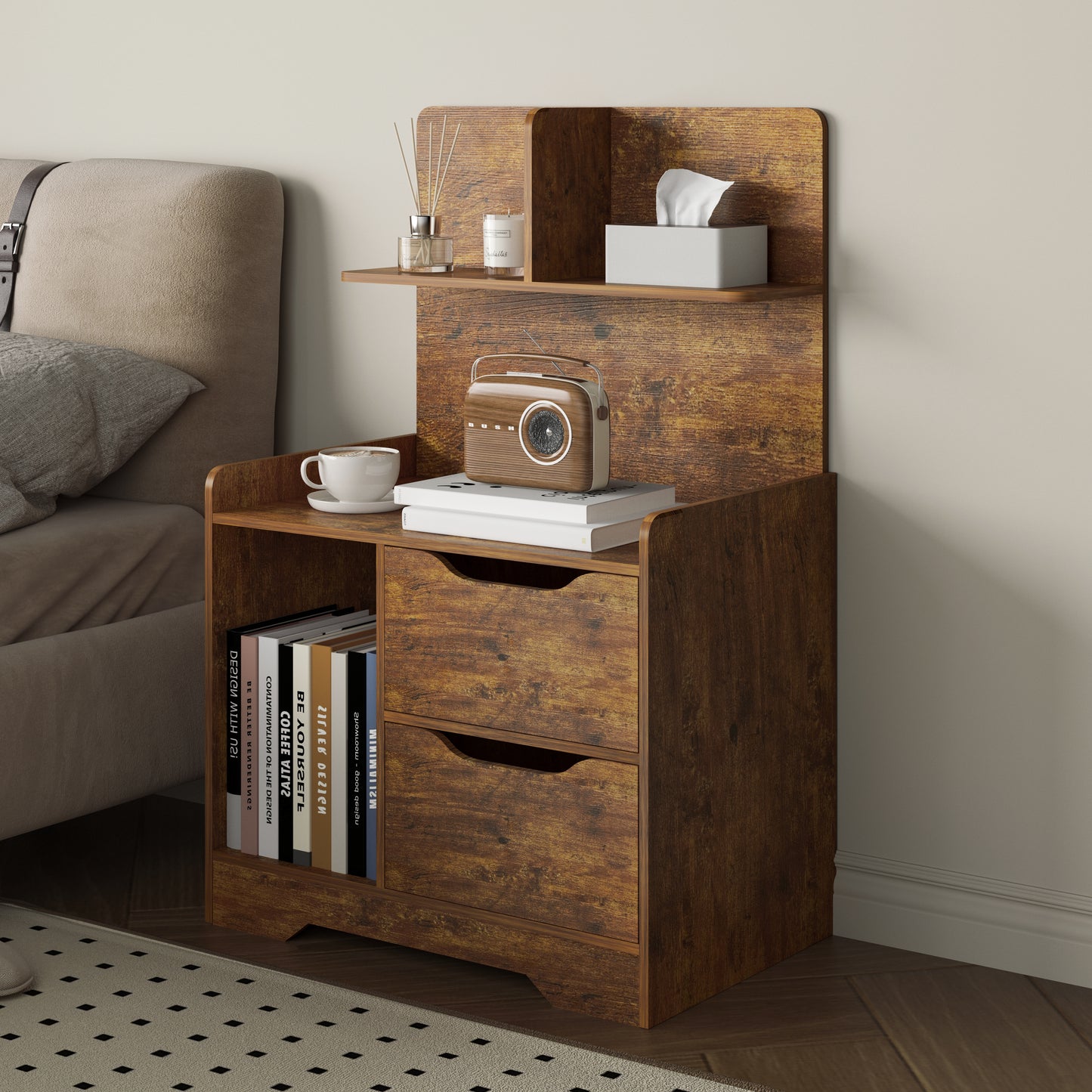 Tall Bed Side Table with Chest of Drawers and Shelf (Rustic Wood)
