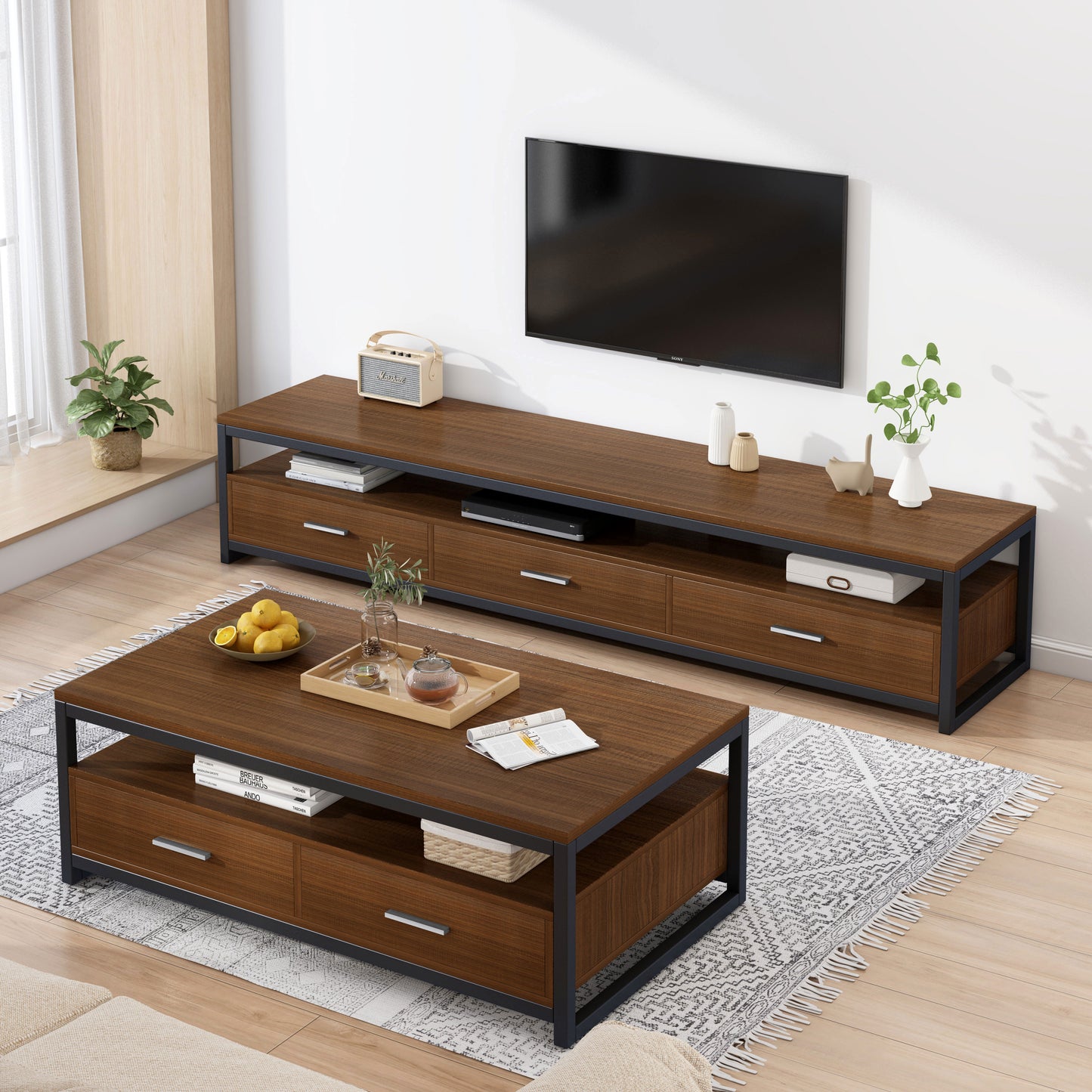 Vivo Modern Coffee Table with Storage Drawers (Walnut)