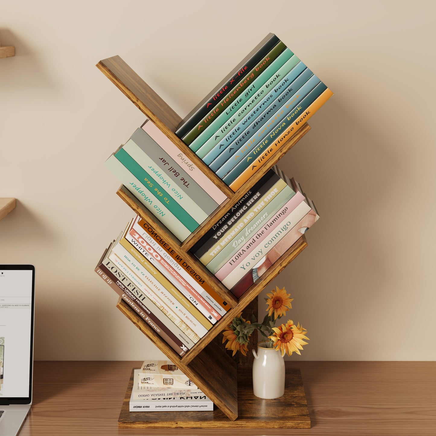 Rustic Wooden Desktop Bookshelf Tabletop Bookcase Book Rack Storage Organiser