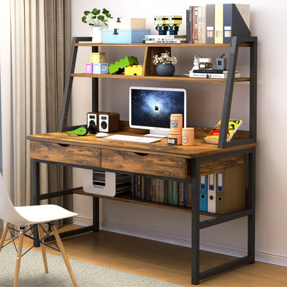 Spacious Office Computer Desk Workstation with Shelves and Drawers Rustic Wood