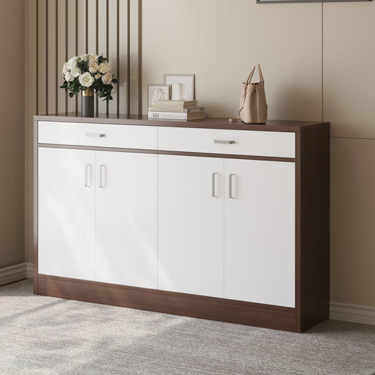 Sleek 4-Door Double Buffet Shoe Storage Cabinet Walnut White