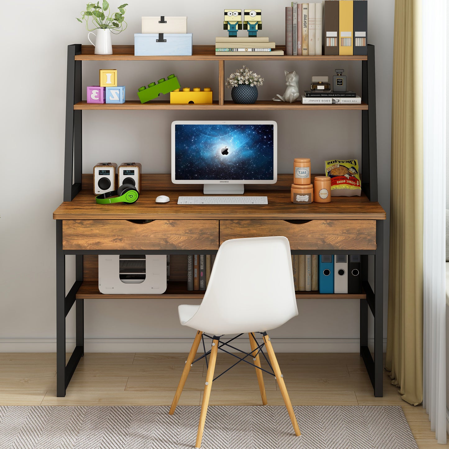 Spacious Office Computer Desk Workstation with Shelves and Drawers Rustic Wood