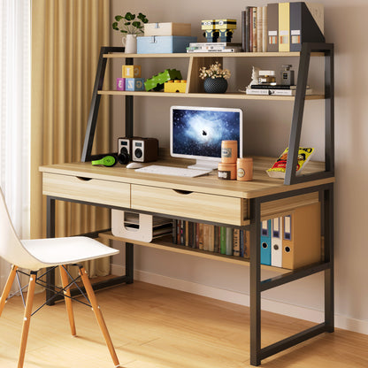 Spacious Office Computer Desk Workstation with Shelves and Drawers - Oak