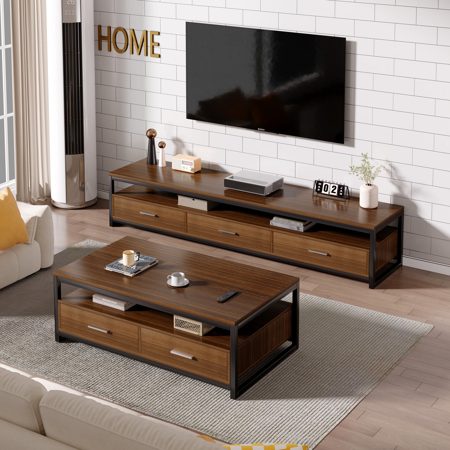 Vivo Modern Coffee Table with Storage Drawers (Walnut)