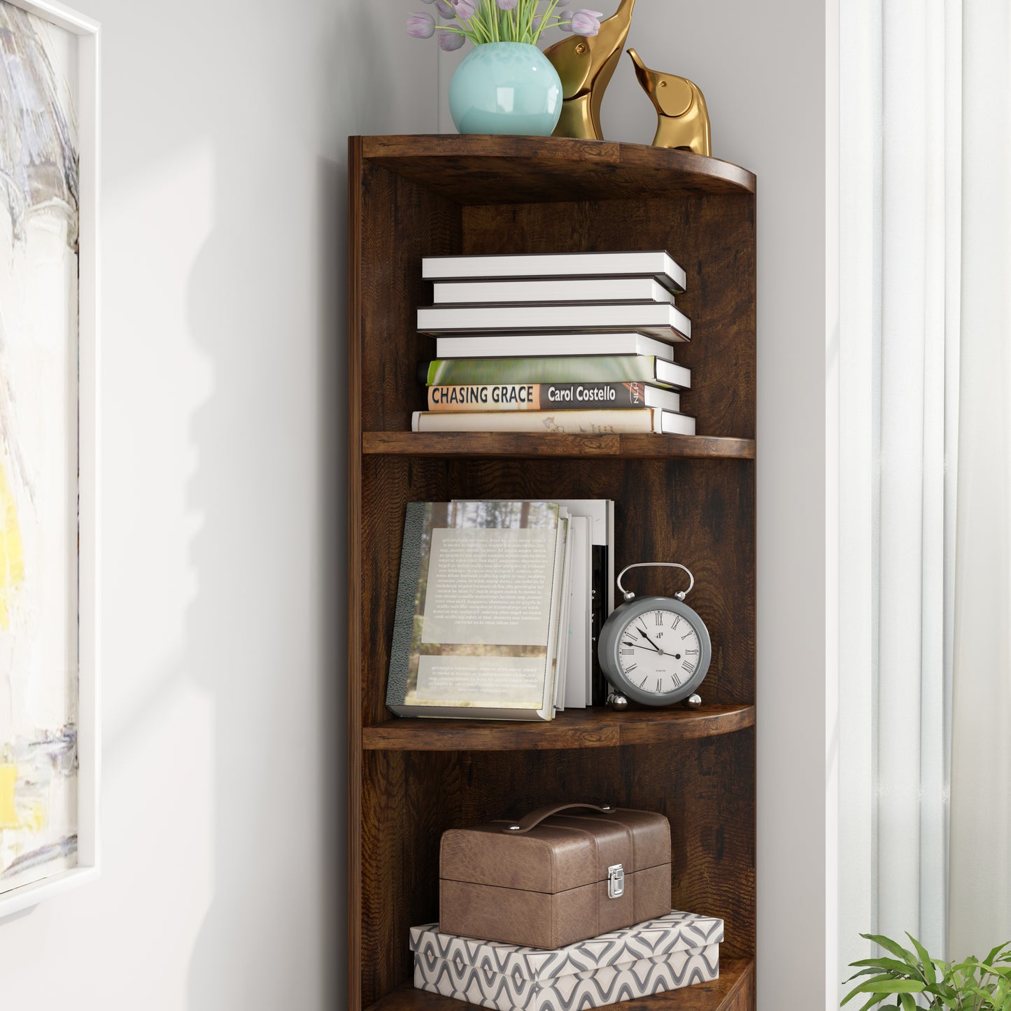 Stylish Rustic Wooden Corner Shelf Unit with Cabinet and Drawer