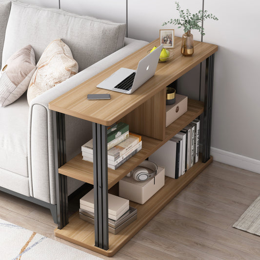 Stylish Oak Wood and Steel Sofa Side Table with Shelves