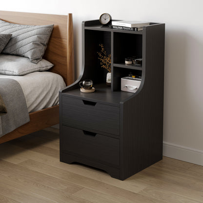 Elegant Tall 2-Drawer Bedside Table with Drawers and Shelves Black