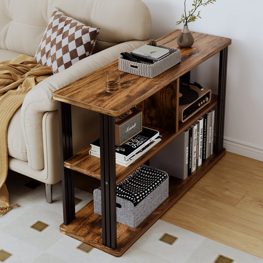 Rustic Wood and Steel Sofa Side Table with Shelves