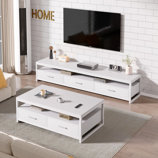 Vivo 2-Piece Set: Modern Coffee Table & TV Cabinet Unit with Drawers (White)