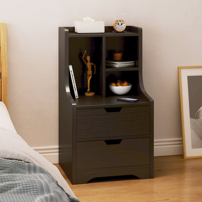 Elegant Tall 2-Drawer Bedside Table with Drawers and Shelves Black