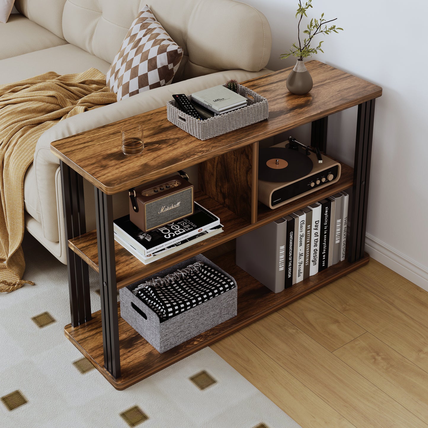 Rustic Wood and Steel Sofa Side Table with Shelves