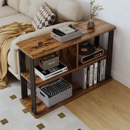 Rustic Wood and Steel Sofa Side Table with Shelves