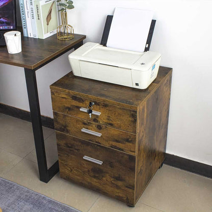 Rustic Wood 3 Drawer Bedside Table Cabinet with Wheels