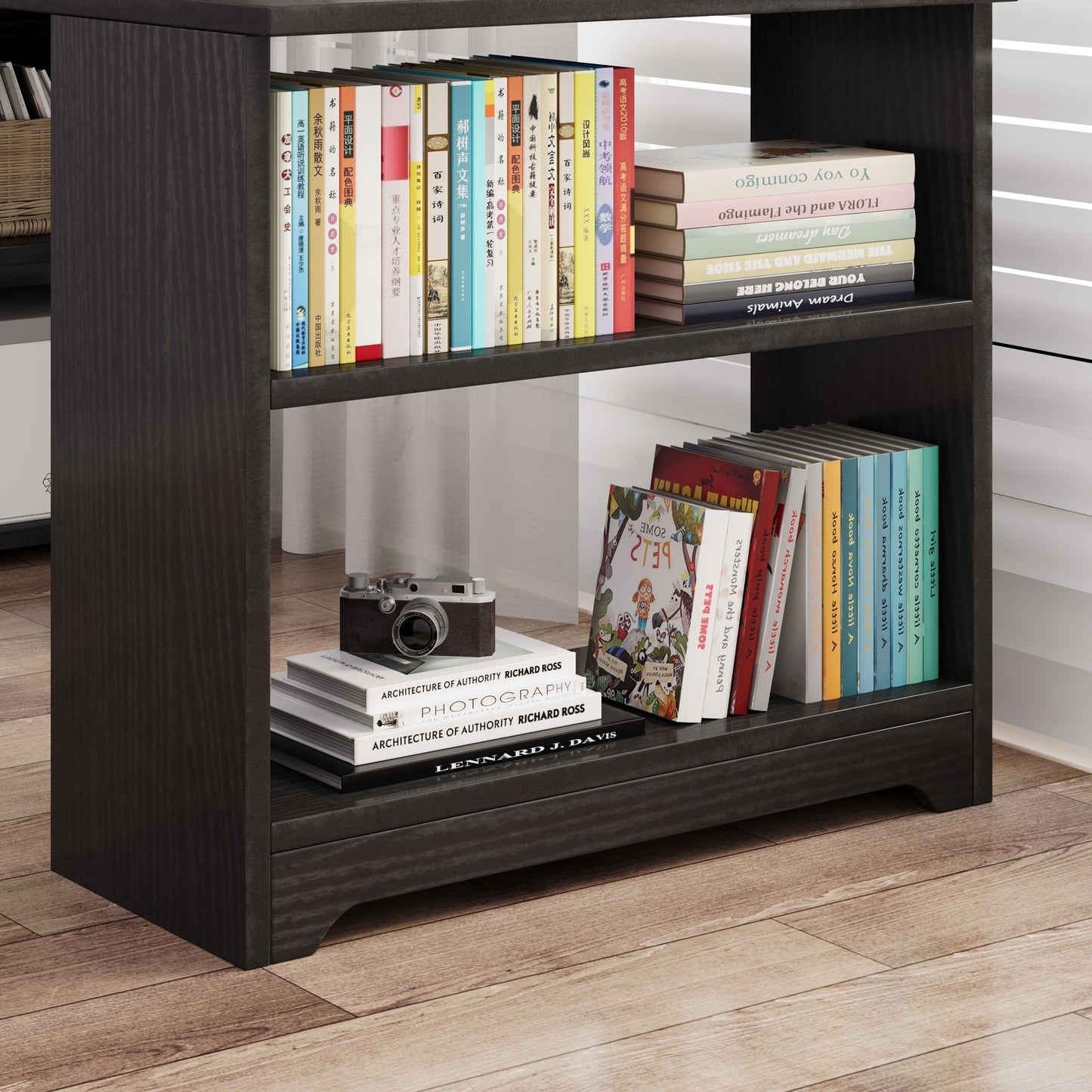 Modern Workstation Computer Desk with 6 Storage Shelves Bookcase Black Wood