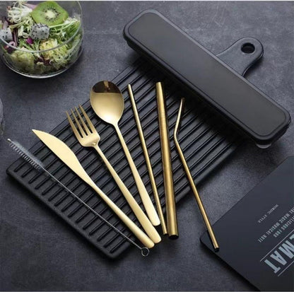 Premium 9PC Stainless Steel Travel Cutlery Set 9PC Portable Knife Fork Spoon Straws Gold