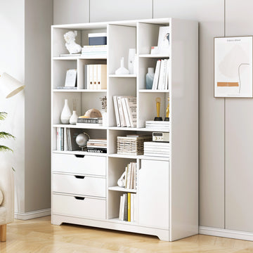 Combination Wardrobe Cupboard Bookshelf with Drawer and Cabinet White