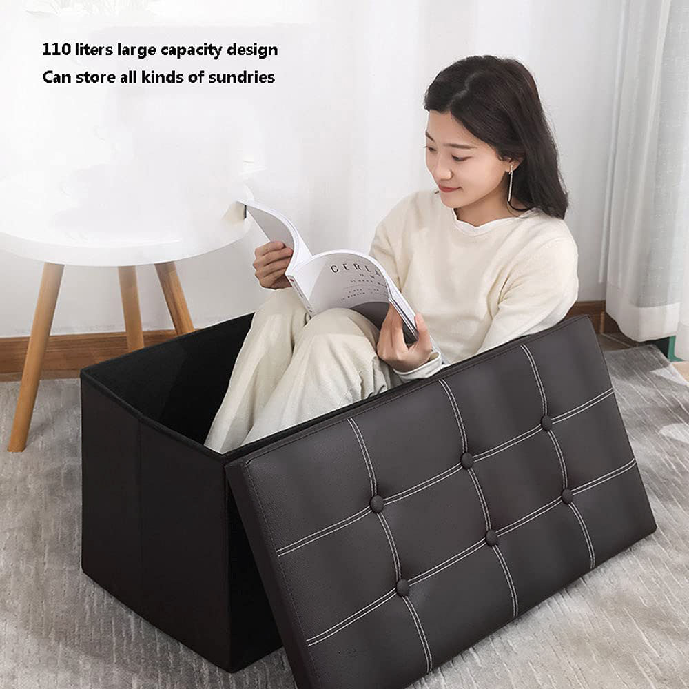 XL Rectangle Foldable Storage Ottoman PU Leather Black