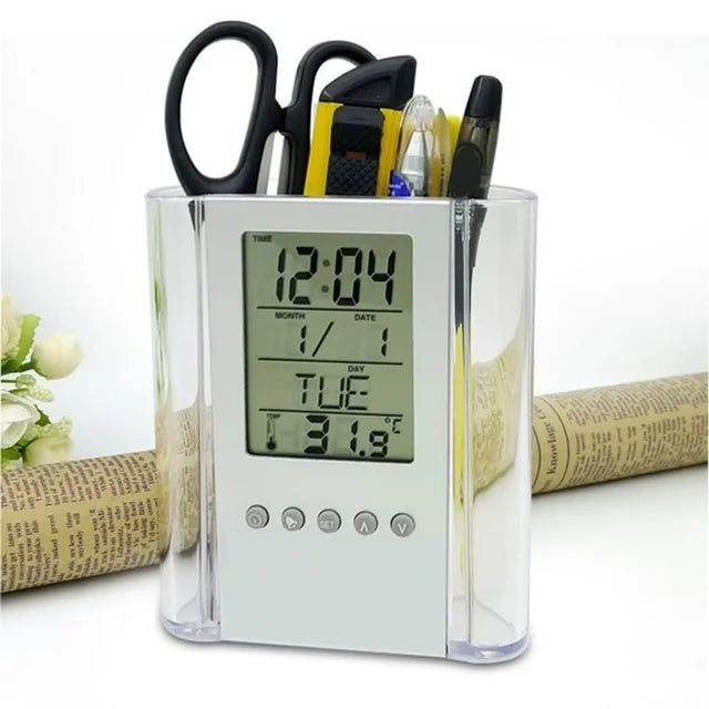 2 x Digital Calendar Pen Holder Alarm Clock with Temperature Display