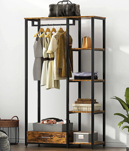 Tall Rustic Wardrobe with Shelves and Hanging Rack for Clothes Storage