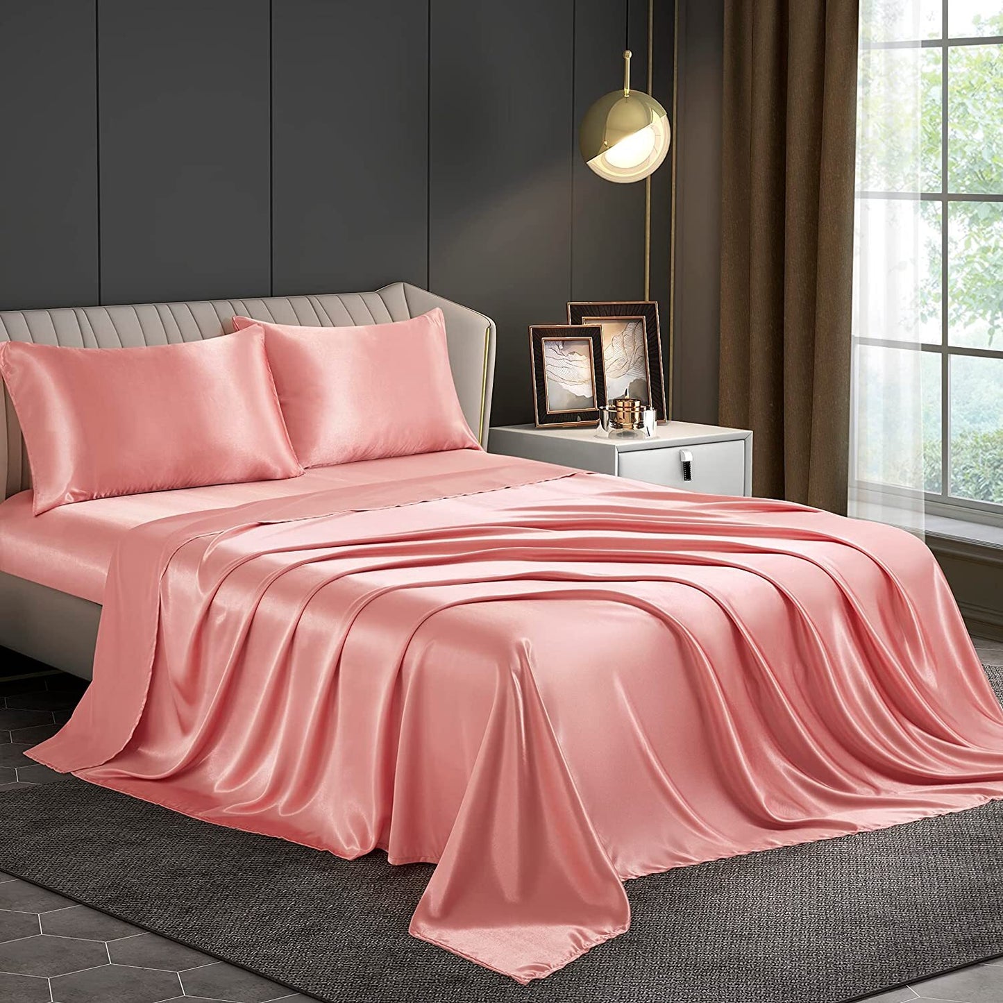 Queen Silky Satin Bed Sheet Set Luxurious Soft Bedding Rose Gold