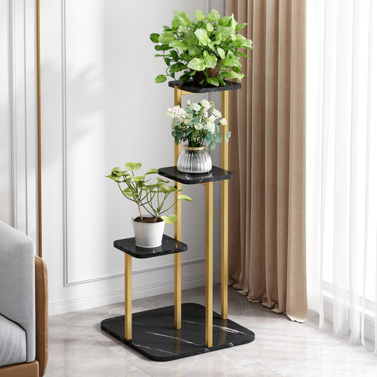 Luxor Multi-Tiered Garden Plant Stand Marble Look Planter Shelf Black