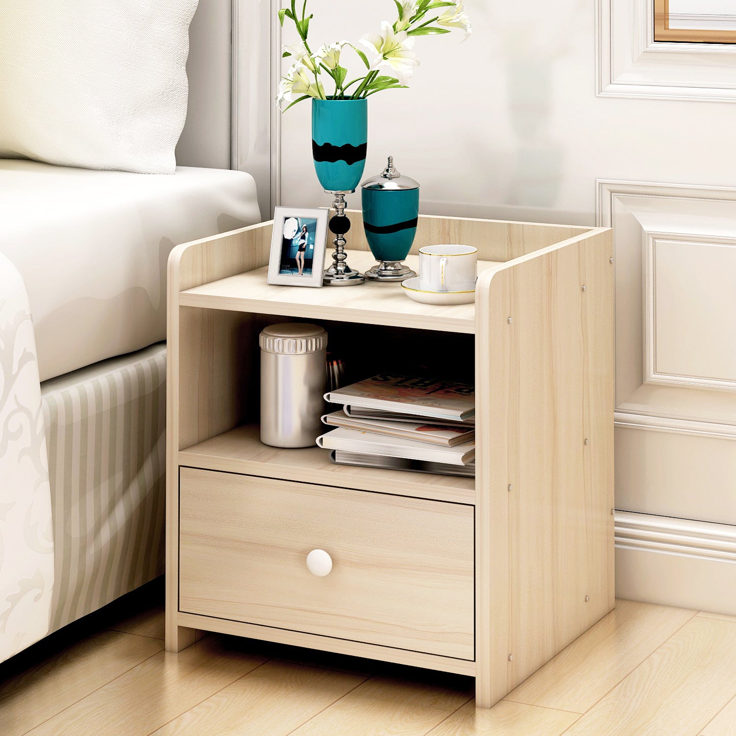 2 Pack Elegant Bedside Table with Drawer White Oak