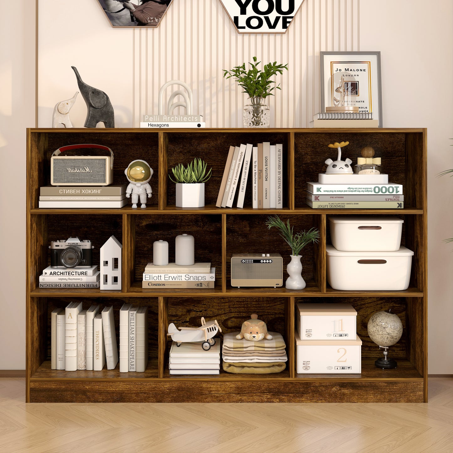 9 Shelf Bookshelf Display Cabinet Bookcase Shelf Organiser Rustic Wood