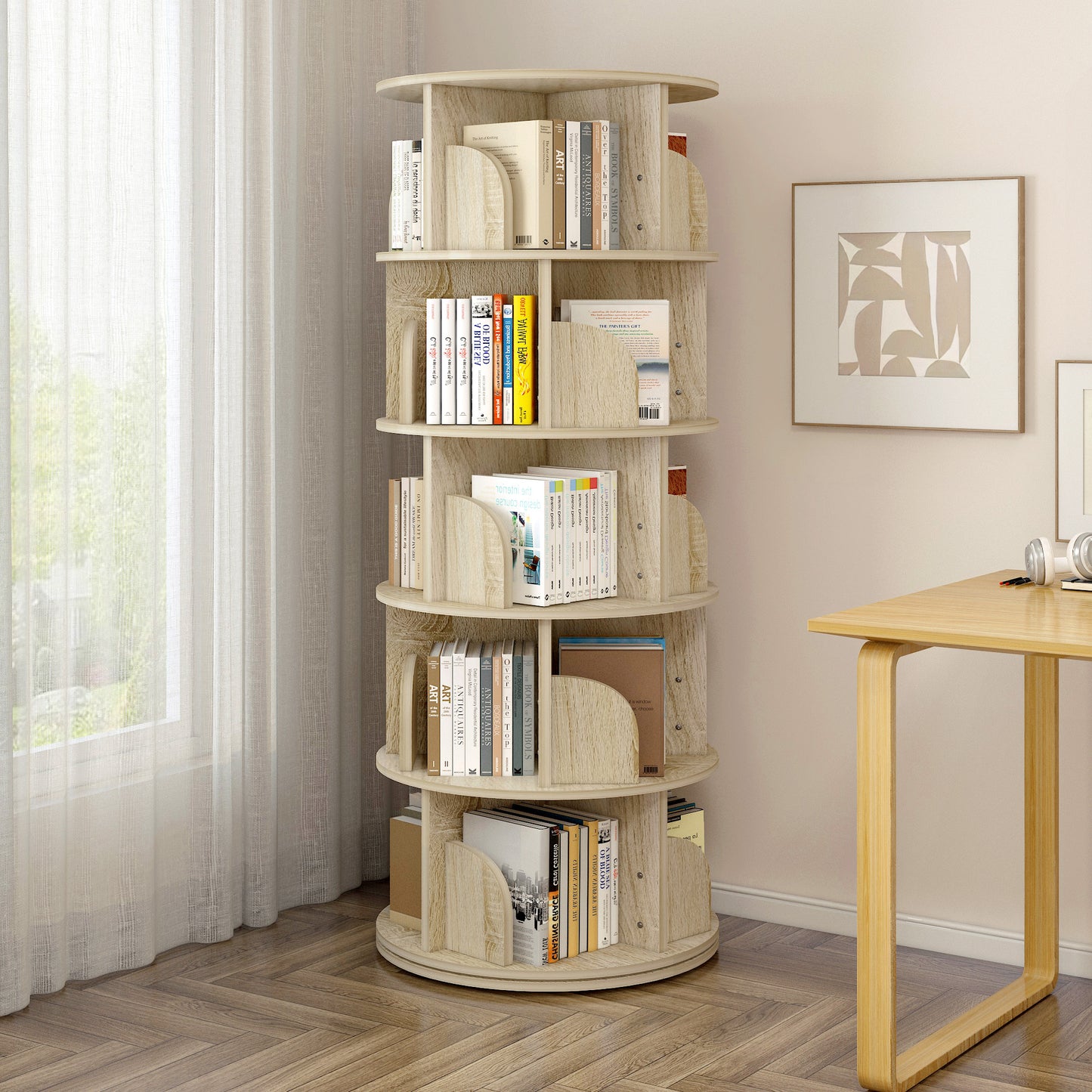 5 Tier Rotating Display Shelf Bookcase Organiser Coastal Oak