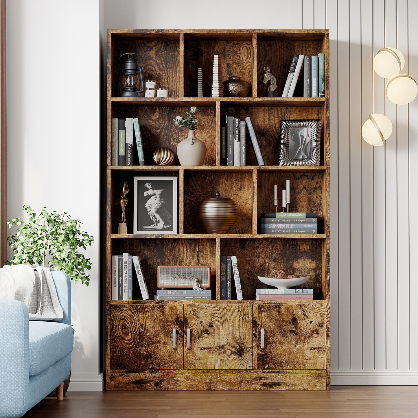 Spacious 10-Shelf 3-Door Wardrobe Cupboard Bookshelf Cabinet Rustic Wood