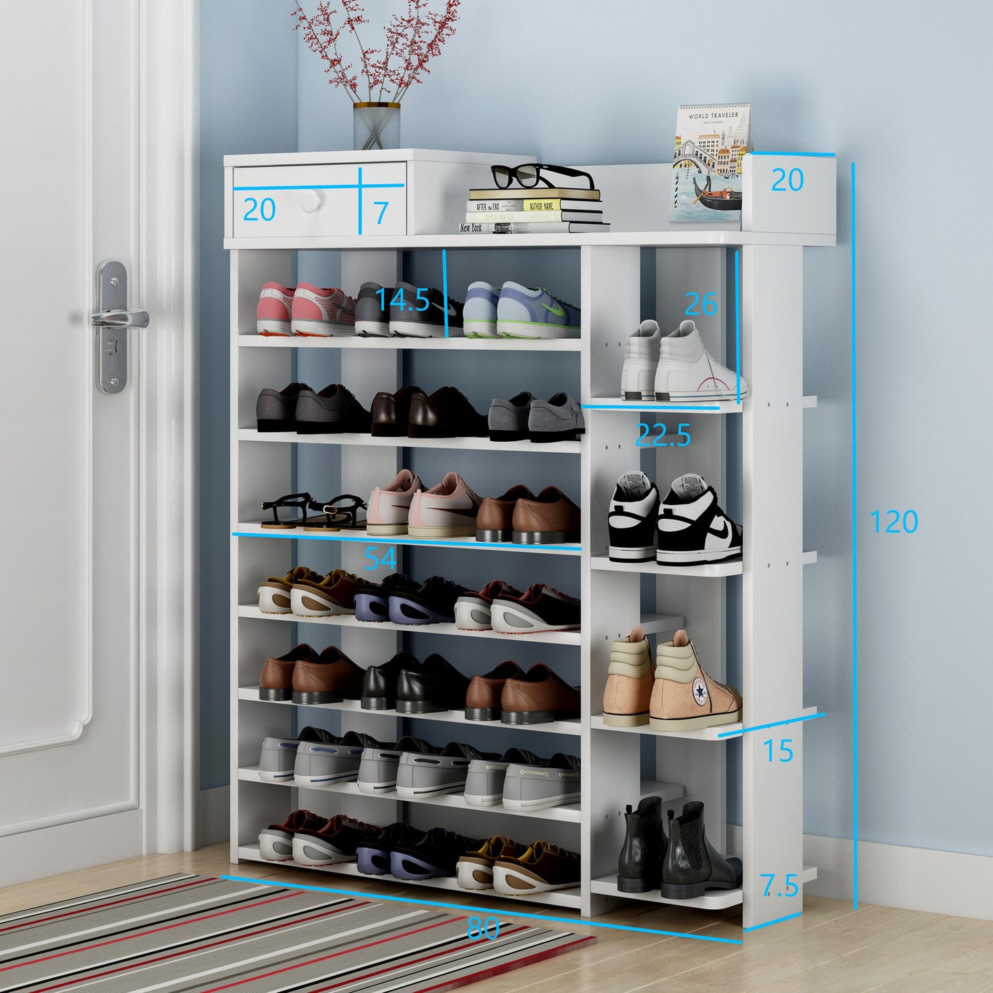 8 Tier Shoe Rack Storage Organizer with Drawer White