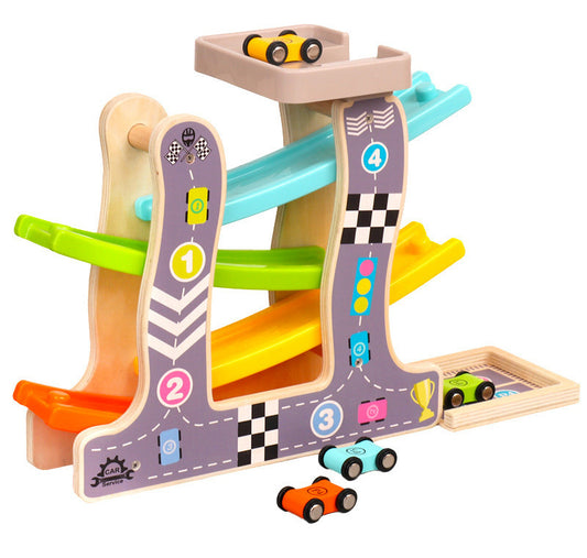 Multi-Level Wooden Car Ramp Racer Kids Toy Set Fun Racing Adventure