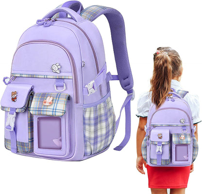 Large Deluxe Backpack Girl's Cute School Bag with Plushie and Accessories Purple