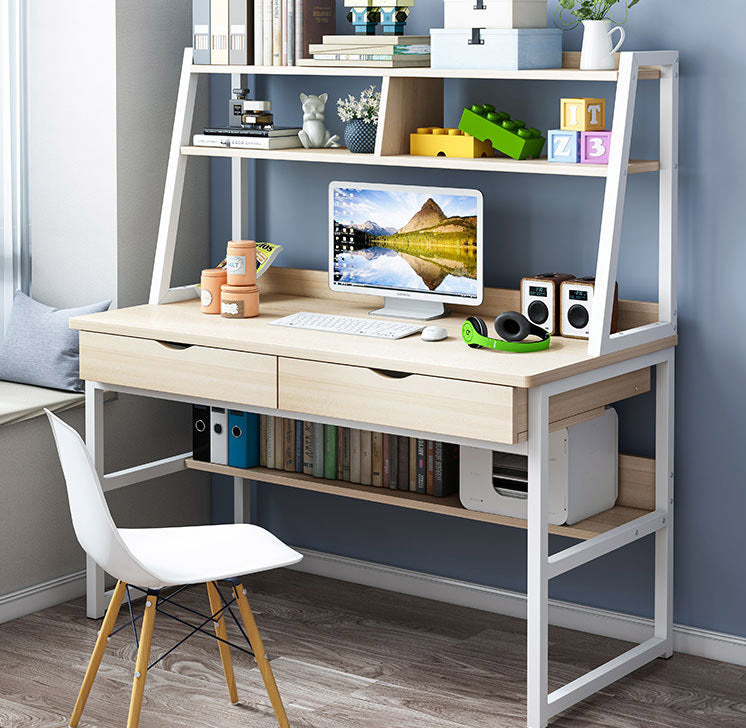 Spacious Office Computer Desk Workstation with Shelves and Drawers White Oak