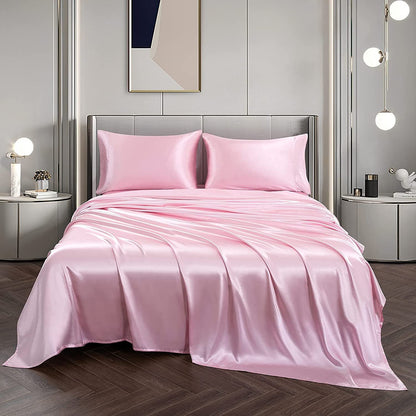 King Size Silky Satin Bed Sheet Set 4-Piece Soft and Smooth Pink