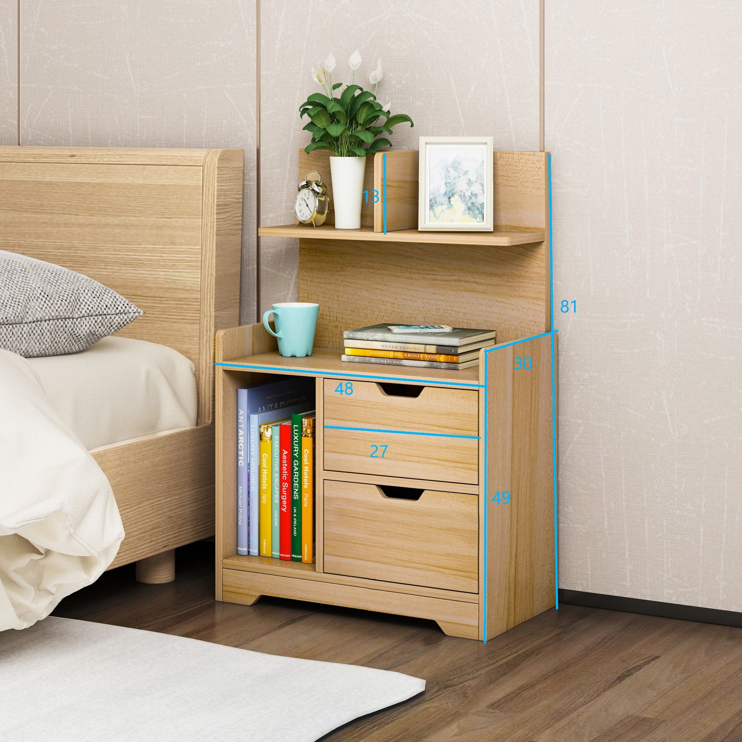 Elegant Oak Bedside Table with Drawers and Shelf