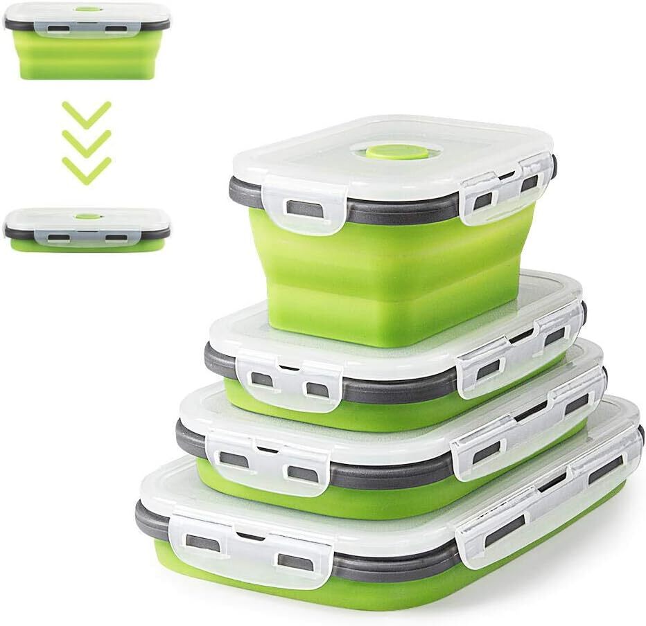 Pack of 4 Collapsible Silicone Food Storage Containers with Airtight Lid Green