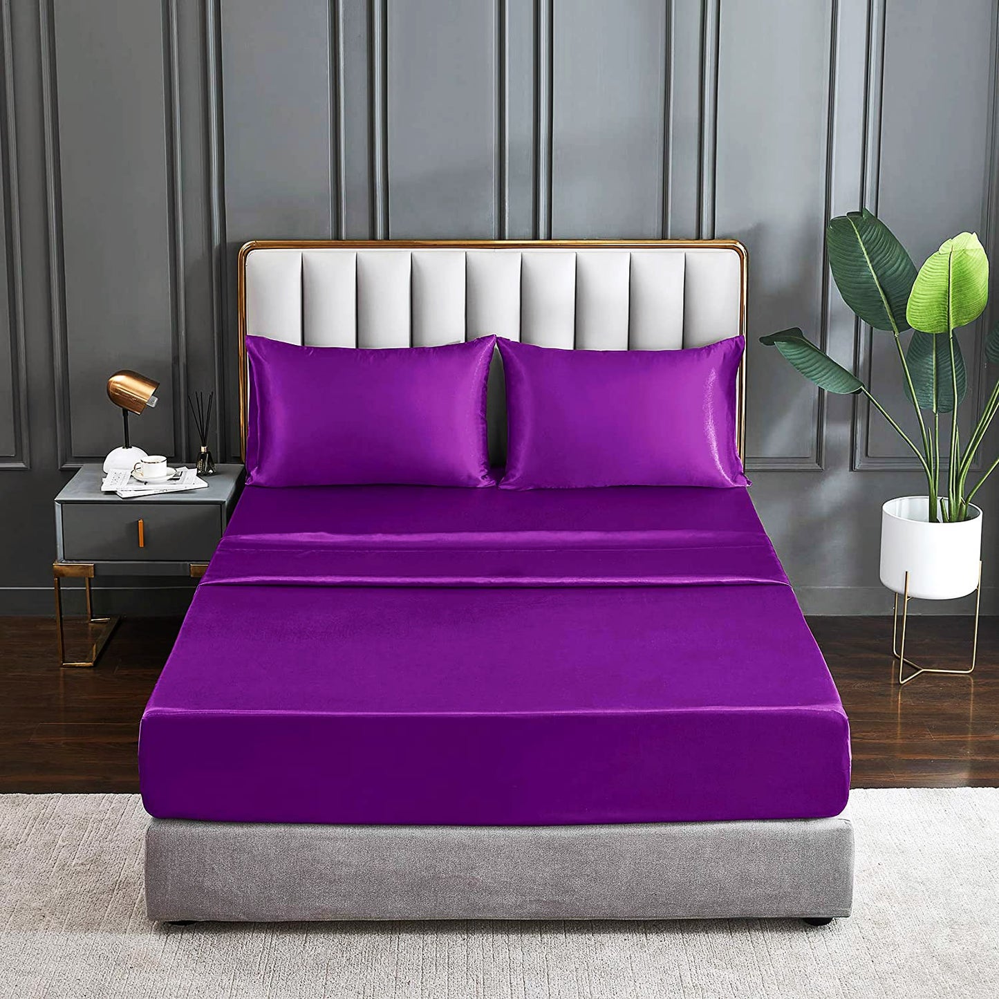 King Size Silky Satin Bed Sheet Set Luxurious Soft Bedding Purple