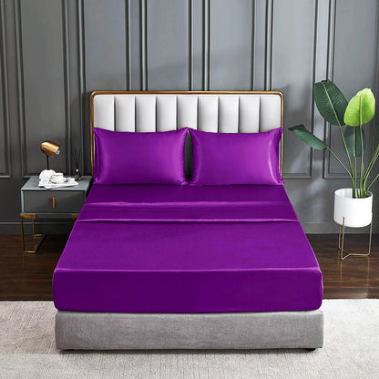 King Size Silky Satin Bed Sheet Set Luxurious Soft Bedding Purple