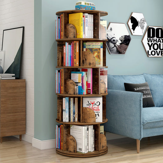 5 Tier Rotating Display Shelf Bookcase Organizer Rustic Wood