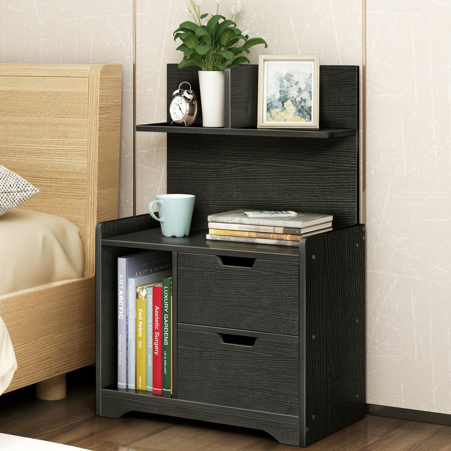 Elegant Tall Bedside Table with Drawers and Shelf Black