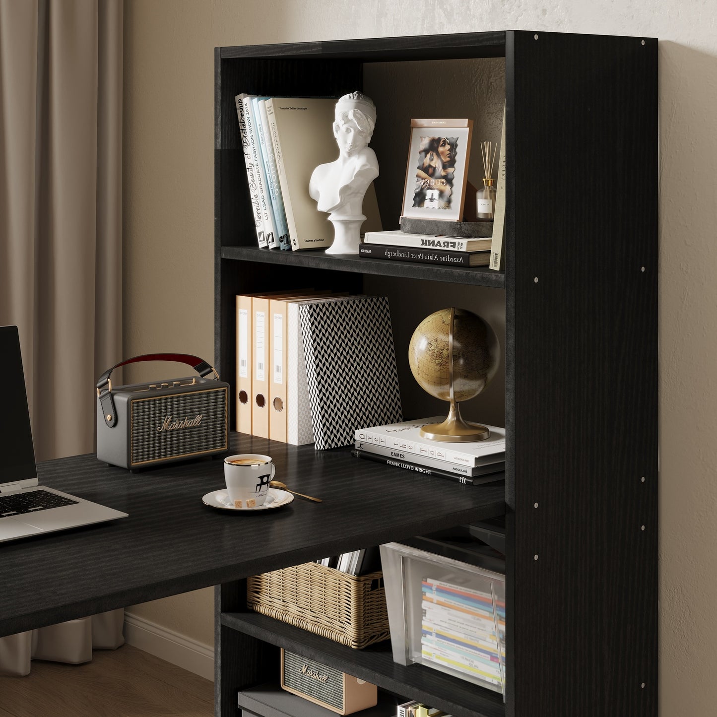 Modern Workstation Computer Desk with 6 Storage Shelves Bookcase Black Wood