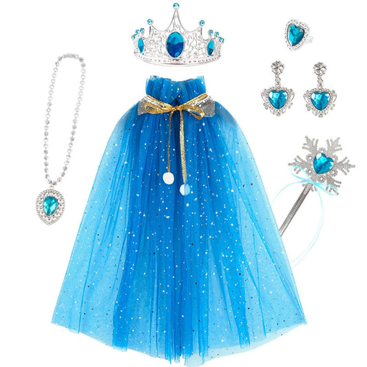 Princess Dress Up Cloak Party Costume Jewelry Set for Kids Pretend Play Blue