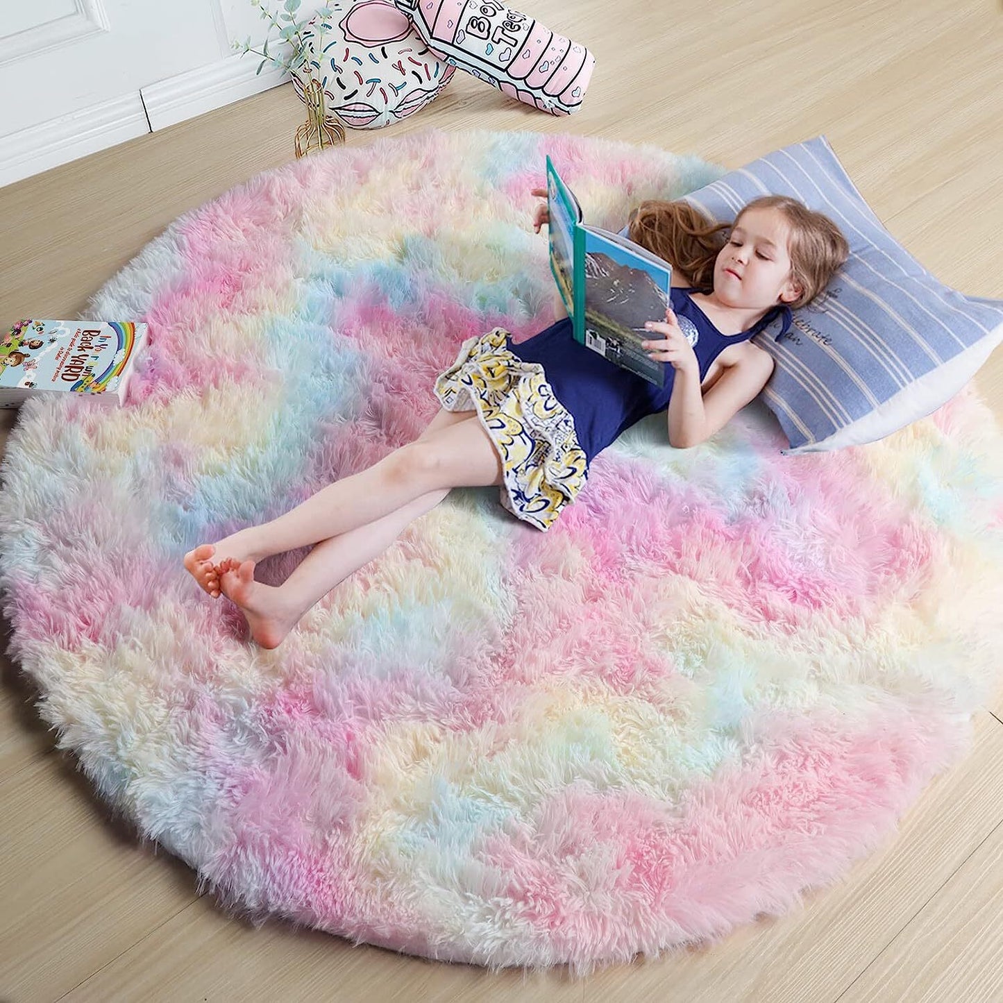 2m Large Infinity Round Shag Rug Soft Cozy Rainbow Dream