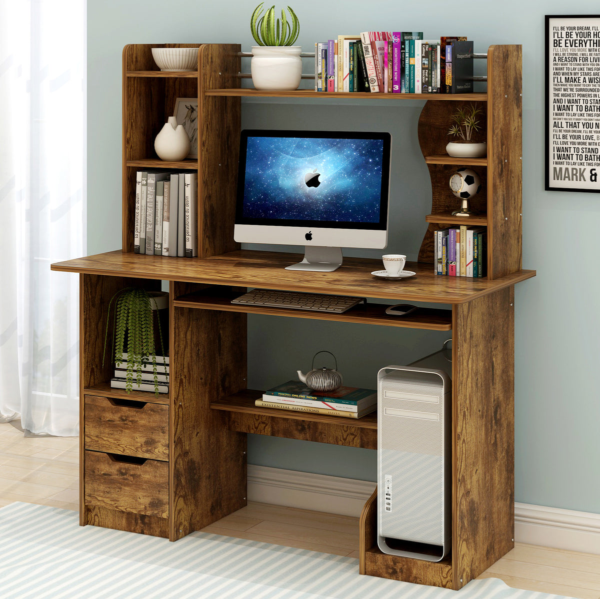 Rustic Wood Computer Desk Home Office Workstation with Shelf and Cabin