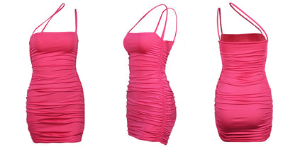 Neon Pink Ruched Bodycon Mini Dress for Party and Clubwear