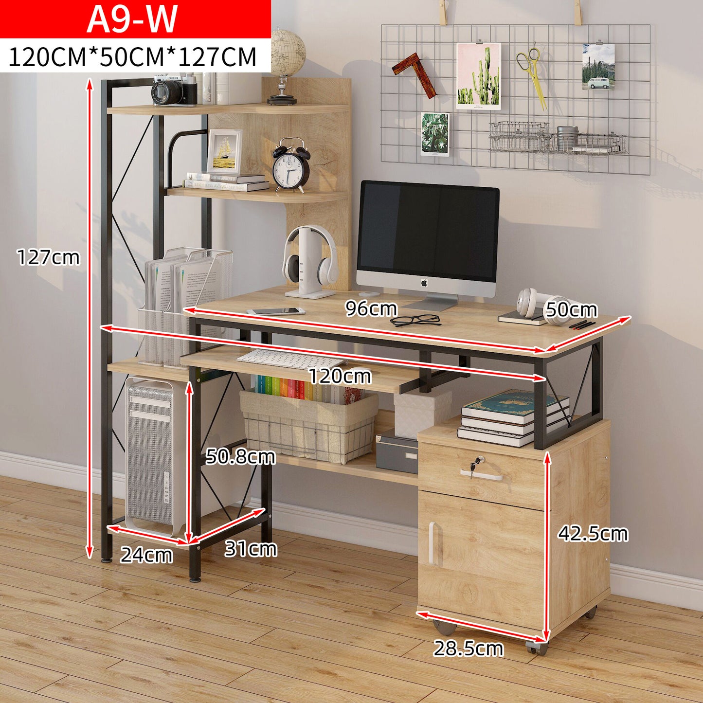Multi-function Computer Desk Workstation with Shelves and Cabinet Rustic Oak