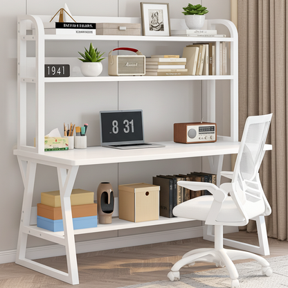 Large Industrial Office Desk Computer Table with Bookshelf White