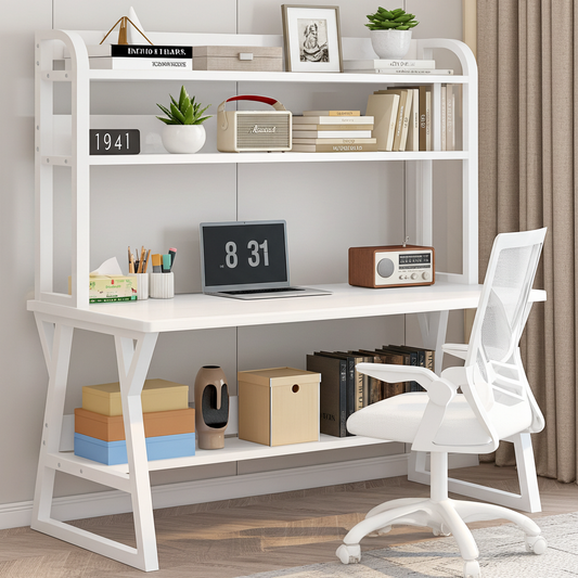 Large Industrial Office Desk Computer Table with Bookshelf White