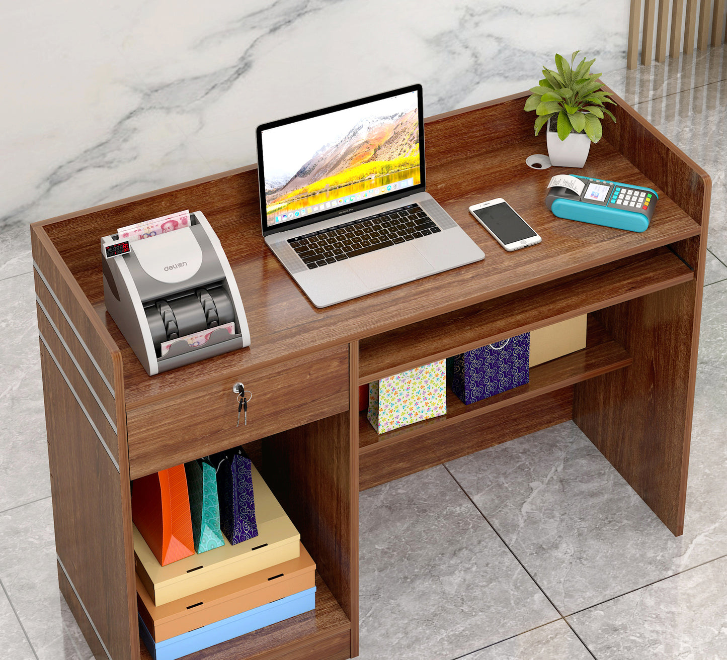 Reception Desk Counter with Shelves Walnut Office Furniture