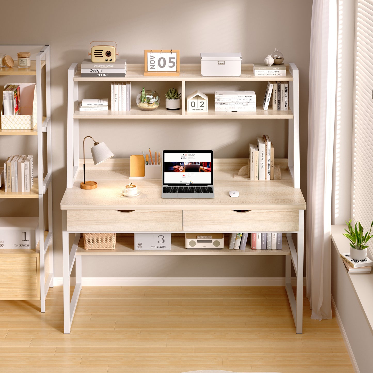 Spacious Office Computer Desk Workstation with Shelves and Drawers White Oak